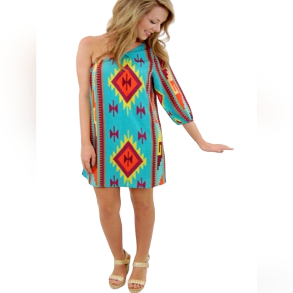 DEJAVU  Women's Mini Dress Green abstract Print 1‎ Shoulder Size S Small - Picture 2 of 13